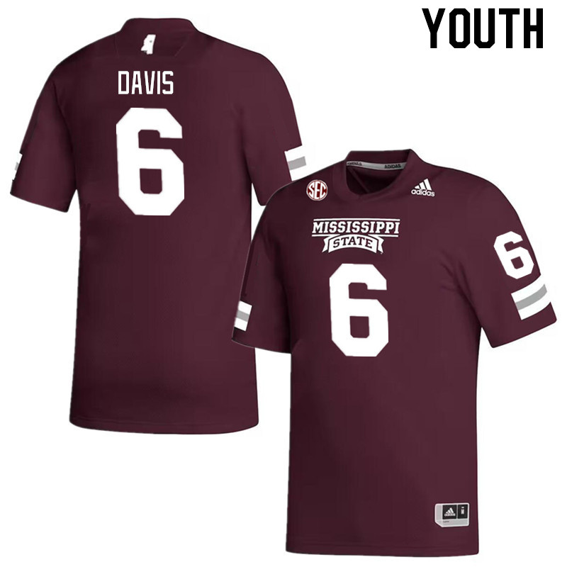 Youth #6 Jordan Davis Mississippi State Bulldogs College Football Jerseys Stitched Sale-Maroon